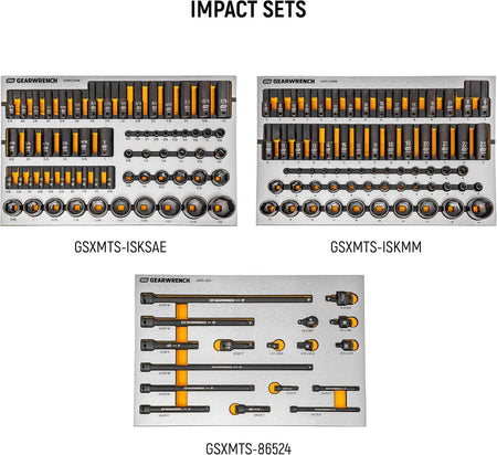 Three GearWrench impact tool sets in metal trays labeled GSXMTS-ISKSAE, GSXMTS-ISKMM, and GSXMTS-86524, featuring SAE and metric sockets, extensions, adapters, and universal joints for heavy-duty applications.