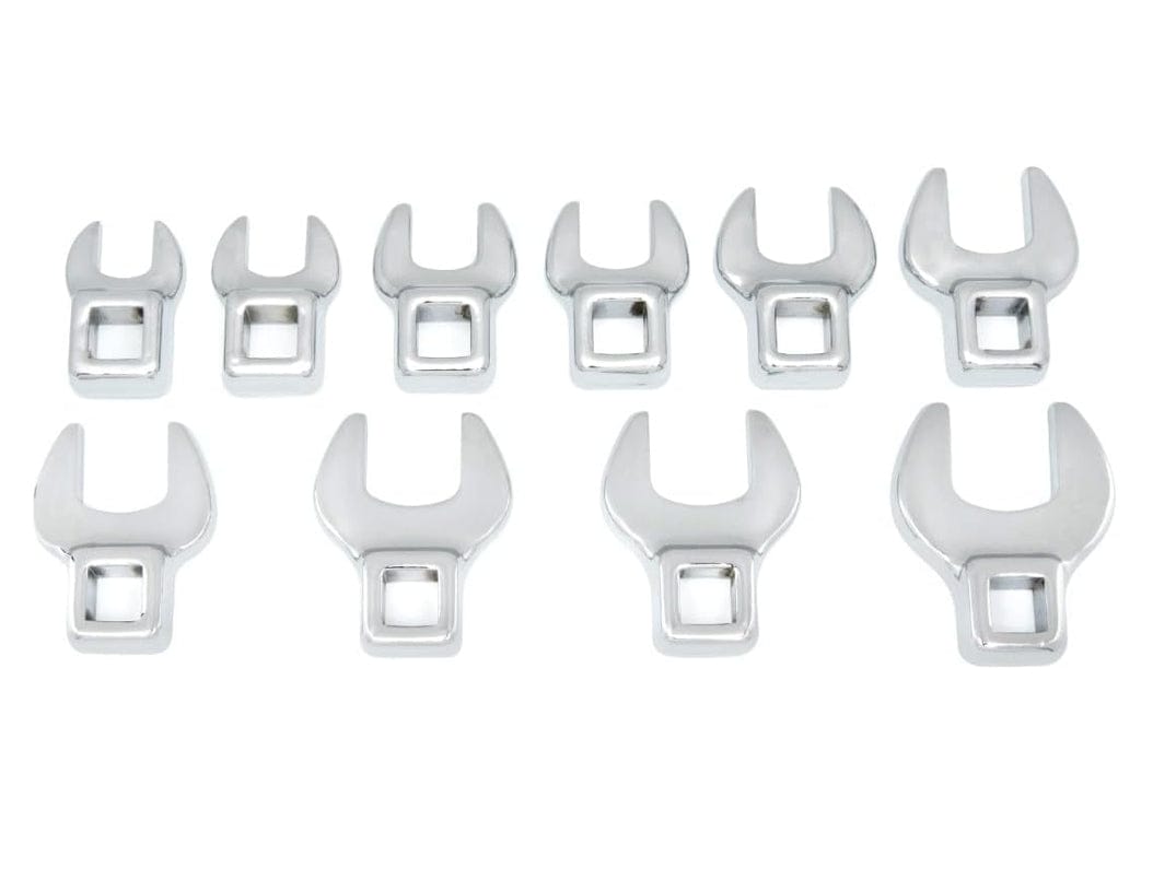 Studio view of the 10-piece metric crowfoot wrench set arranged by size from 10mm to 19mm on a white background.