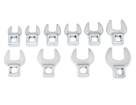 Studio view of the 10-piece metric crowfoot wrench set arranged by size from 10mm to 19mm on a white background.
