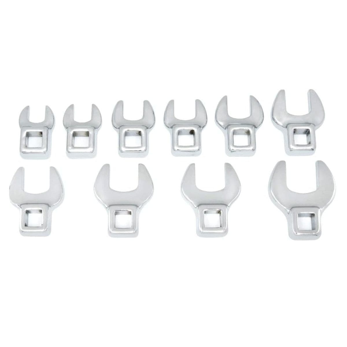 Studio view of the 10-piece metric crowfoot wrench set arranged by size from 10mm to 19mm on a white background.