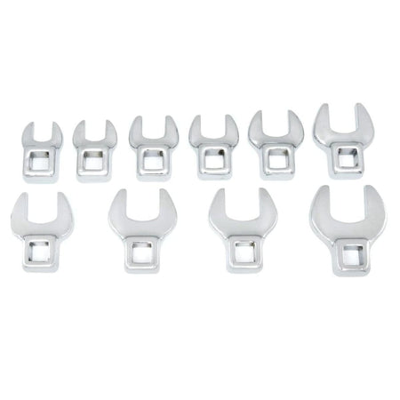 Studio view of the 10-piece metric crowfoot wrench set arranged by size from 10mm to 19mm on a white background.