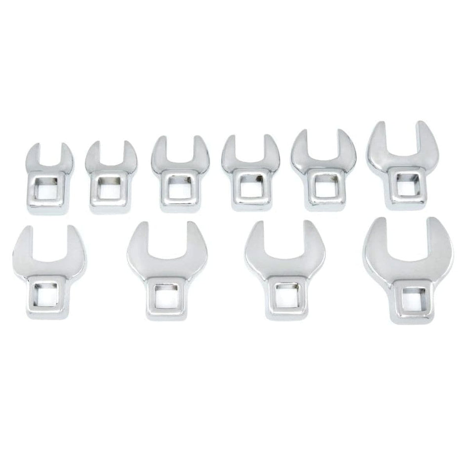 Studio view of the 10-piece metric crowfoot wrench set arranged by size from 10mm to 19mm on a white background.