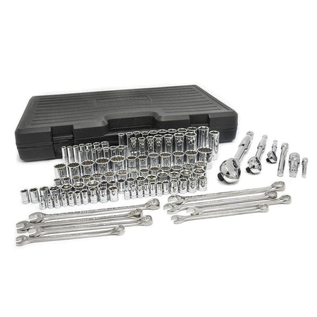 The complete GearWrench 89058 110-piece mechanics tool set, including the storage case, ratchets, combination wrenches, and all standard and deep sockets, is laid out for display.