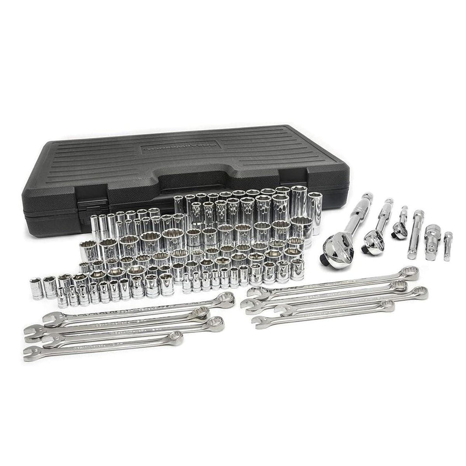 The complete GearWrench 89058 110-piece mechanics tool set, including the storage case, ratchets, combination wrenches, and all standard and deep sockets, is laid out for display.