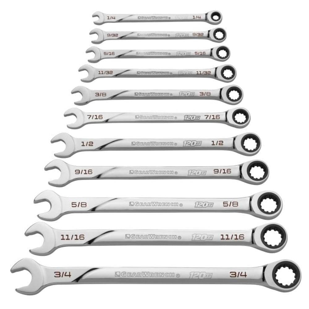 Studio view of the 11-piece GearWrench 120XP ratcheting wrench set arranged by size from smallest to largest showing the polished chrome finish.