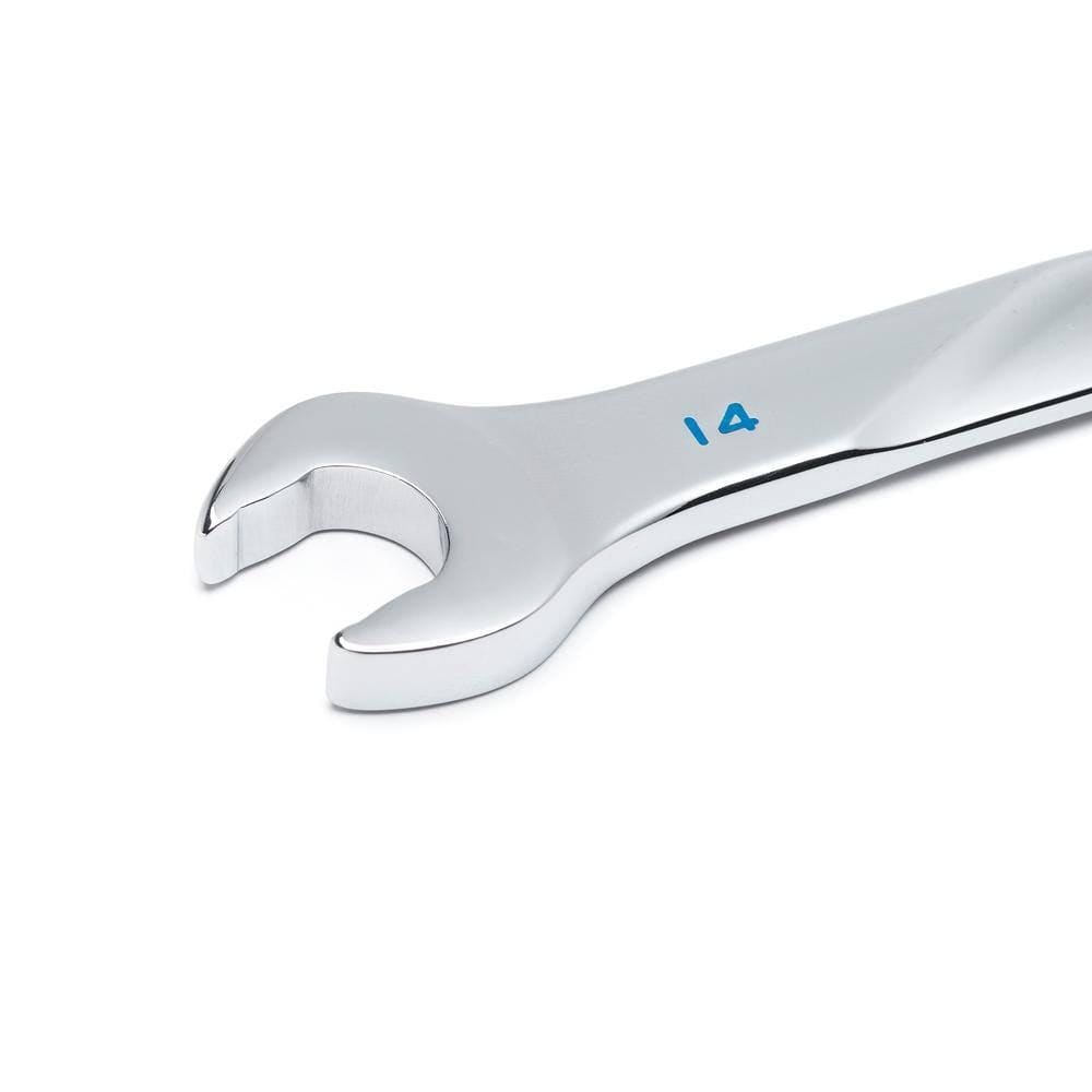 Close-up of the open end of a polished chrome GearWrench combination wrench showing the smooth jaw profile.