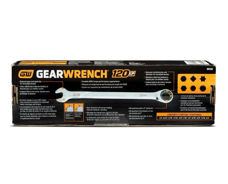 Back of the retail packaging for the GearWrench 120XP wrench set detailing features like the reduced open end head size and dual-direction off-corner loading.