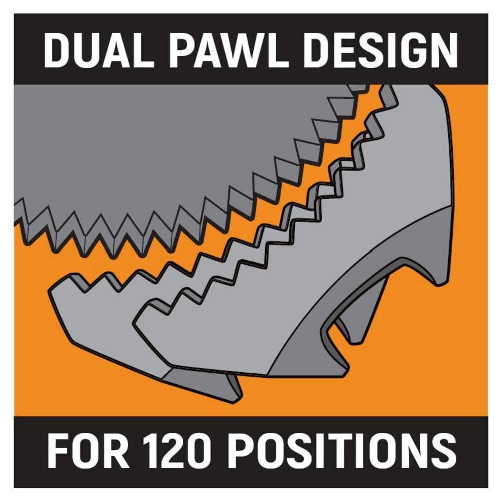 Graphic labeled Dual Pawl Design For 120 Positions showing the internal stacked pawl mechanism engaging with gear teeth.