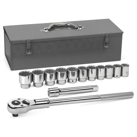 Socket wrench set with ratchet handle, extension bar, and multiple polished sockets displayed in front of a metal toolbox with latches.