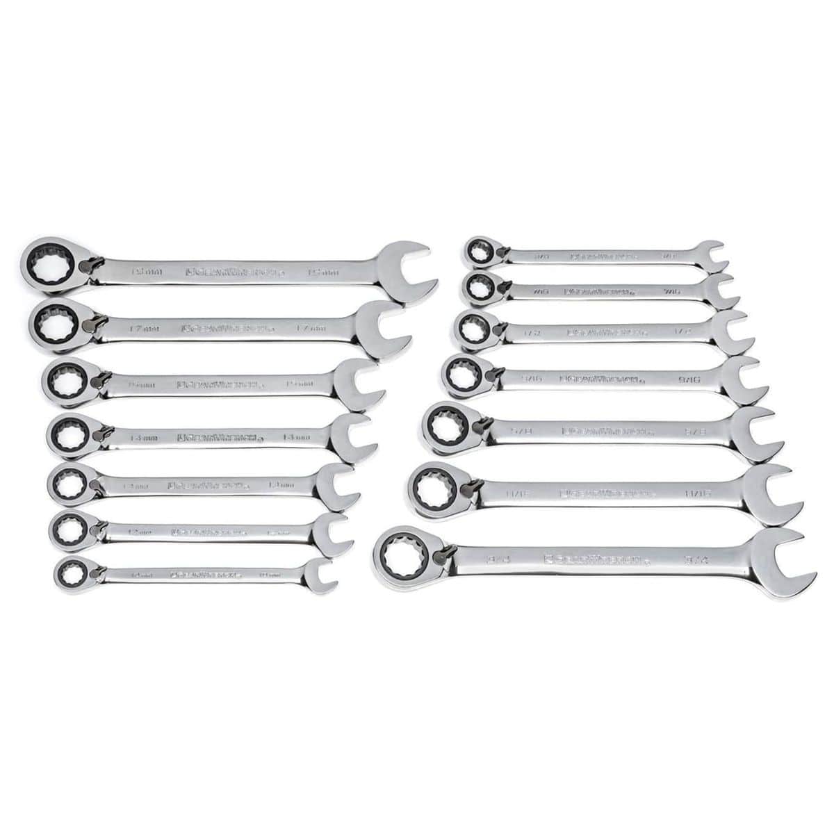 Overhead view of the complete 14-piece reversible ratcheting wrench set laid out in two columns, one for metric and one for SAE sizes.