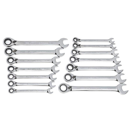 Overhead view of the complete 14-piece reversible ratcheting wrench set laid out in two columns, one for metric and one for SAE sizes.