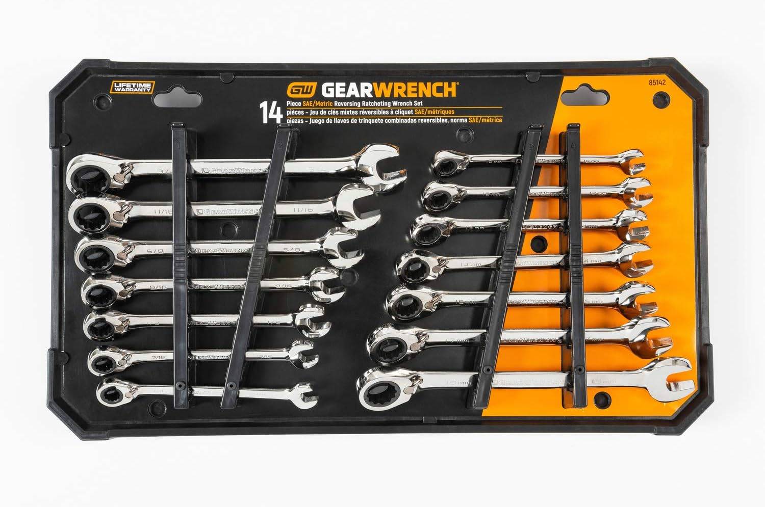 Studio shot of the 14-piece reversible ratcheting wrench set organized in its black and orange plastic storage rack.