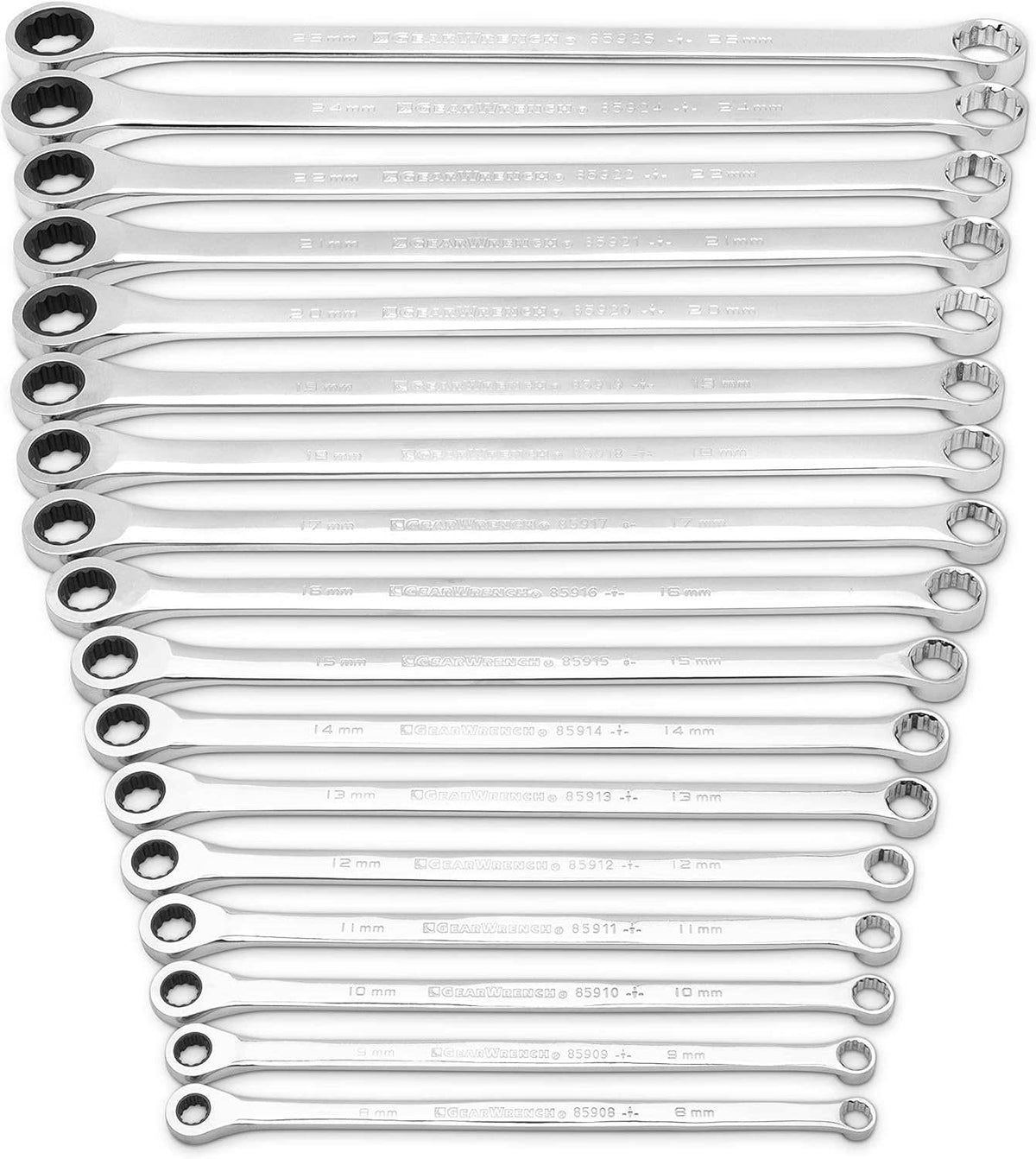 Overhead view of the complete 17-piece XL GearBox metric wrench set laid out in size order showing the extra-long beam length.