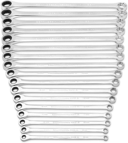 Overhead view of the complete 17-piece XL GearBox metric wrench set laid out in size order showing the extra-long beam length.