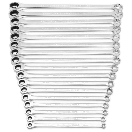 Overhead view of the complete 17-piece XL GearBox metric wrench set laid out in size order showing the extra-long beam length.
