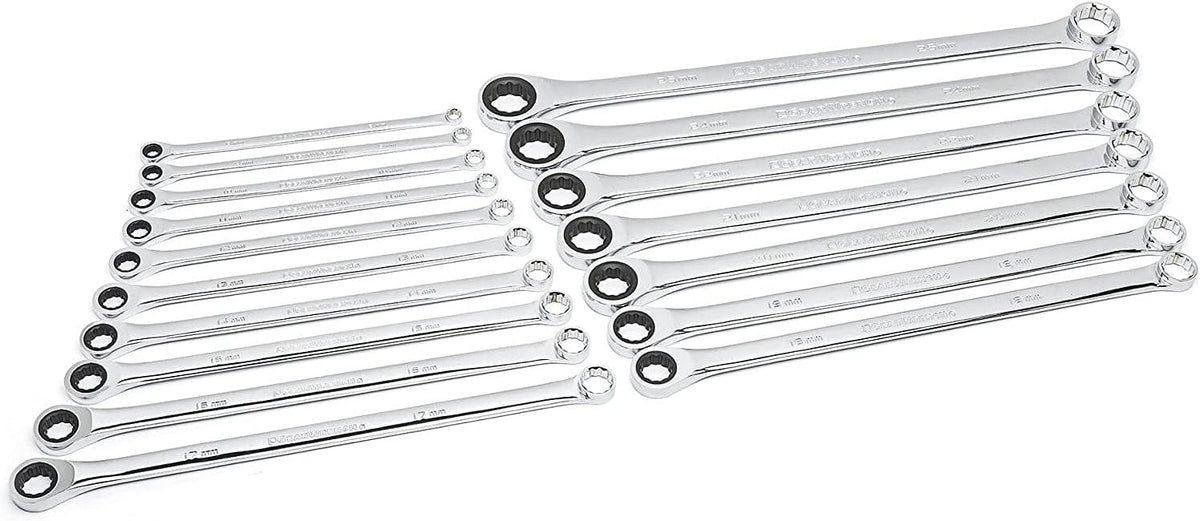 Studio view of the 17-piece double box ratcheting wrench set arranged in two rows showing the size range from 8mm to 25mm.