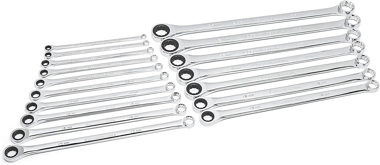Studio view of the 17-piece double box ratcheting wrench set arranged in two rows showing the size range from 8mm to 25mm.