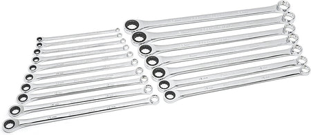 Studio view of the 17-piece double box ratcheting wrench set arranged in two rows showing the size range from 8mm to 25mm.