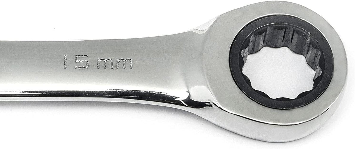 Close-up of the polished chrome wrench beam showing the hard-stamped 15mm size marking and the ratcheting box end.