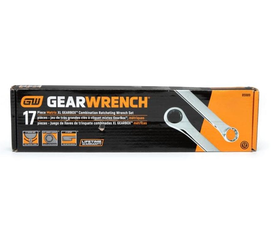 Front view of the GearWrench 17-piece Metric XL GearBox double box ratcheting wrench set retail packaging box.