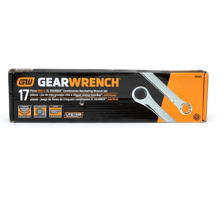 Front view of the GearWrench 17-piece Metric XL GearBox double box ratcheting wrench set retail packaging box.