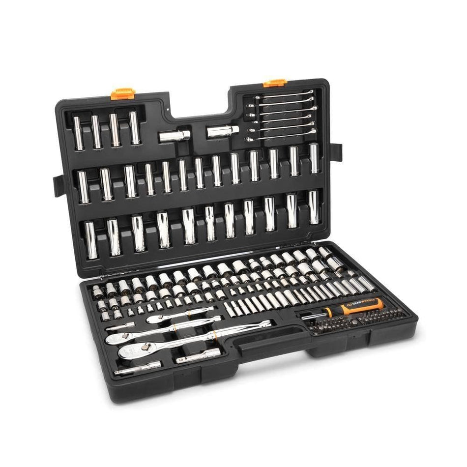 Studio shot of the GearWrench 185-piece mechanics tool set inside its open black blow mold storage case showing the organized layout.