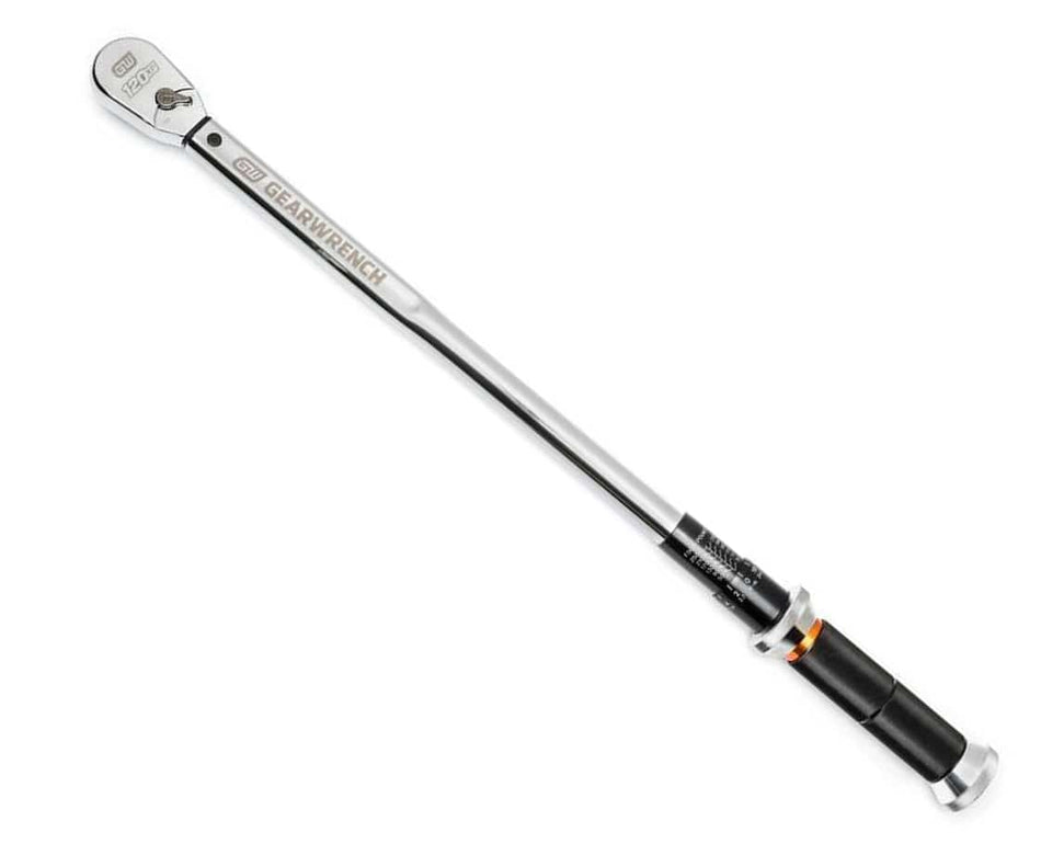 image of 1/2" Drive 120XP™ Micrometer Torque Wrench 30-250 ft/lbs. This is a Gearwrench 1/2" drive micrometer torque wrench lying diagonally on a white surface. The wrench features a long, slender silver body with clear markings and a black textured handle for grip.