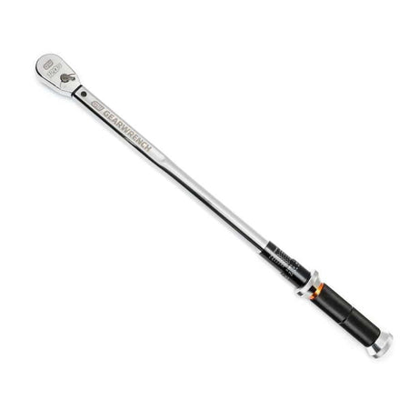 image of 1/2" Drive 120XP™ Micrometer Torque Wrench 30-250 ft/lbs. This is a Gearwrench 1/2" drive micrometer torque wrench lying diagonally on a white surface. The wrench features a long, slender silver body with clear markings and a black textured handle for grip.