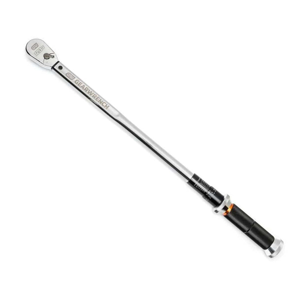 image of 1/2" Drive 120XP™ Micrometer Torque Wrench 30-250 ft/lbs. This is a Gearwrench 1/2" drive micrometer torque wrench lying diagonally on a white surface. The wrench features a long, slender silver body with clear markings and a black textured handle for grip.