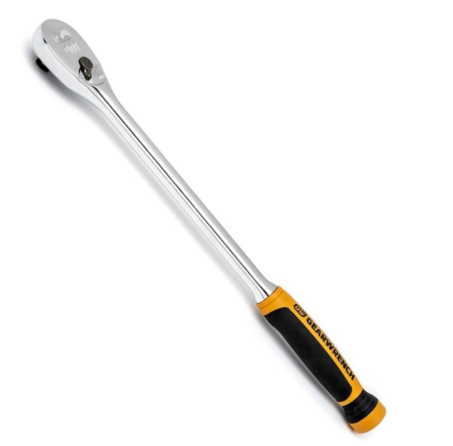 Angled view of the GearWrench 81361T 1/2 inch drive ratchet showing the teardrop head, long chrome handle, and dual-material comfort grip.