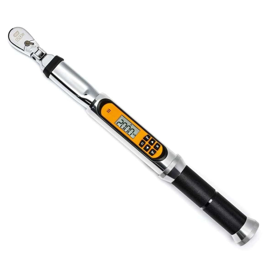 A full-length, high-angle studio shot of the GEARWRENCH 85194 1/4-inch drive electronic torque wrench, showing the 120XP flex head and digital display.