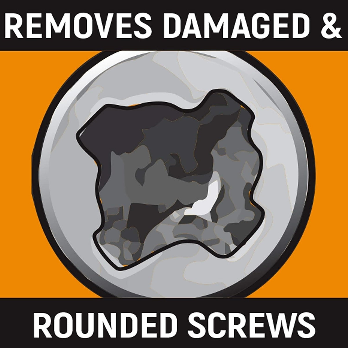 Graphic illustration showing how the GearWrench Bolt Biter extraction screwdriver effectively removes damaged and rounded screws that standard tools cannot grip.