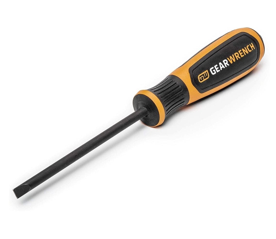 GearWrench 1/4 inch by 4 inch Bolt Biter slotted extraction screwdriver featuring a dual-material ergonomic handle and a heat-treated alloy steel shaft with a black oxide finish.