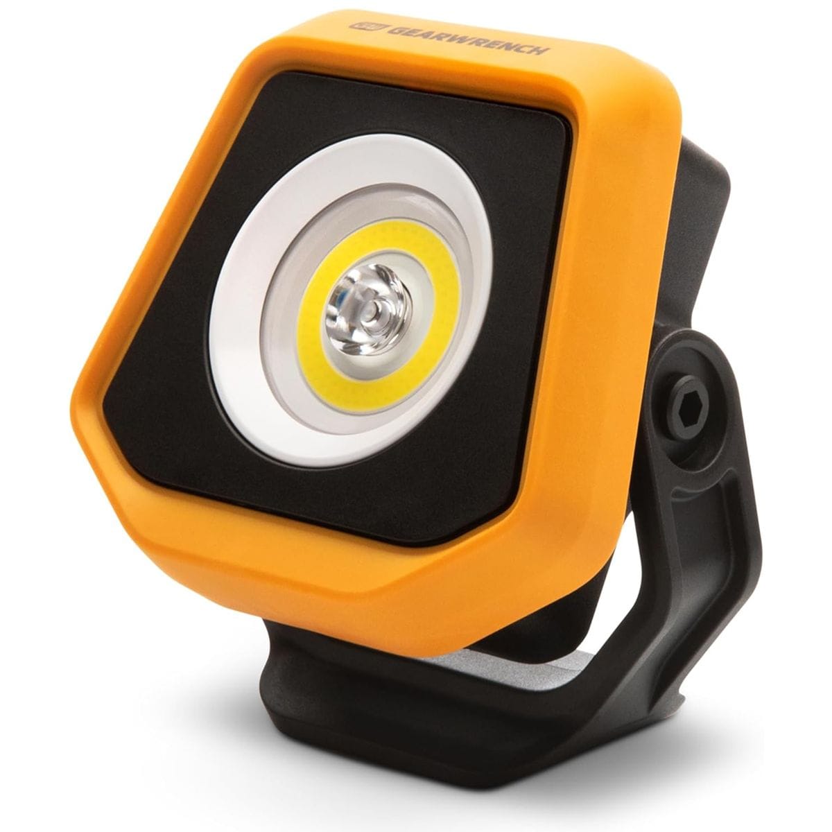 GearWrench 2000 Lumens Rechargeable Shop Light GWSL2000 with pivoting stand and magnetic base in yellow and black.
