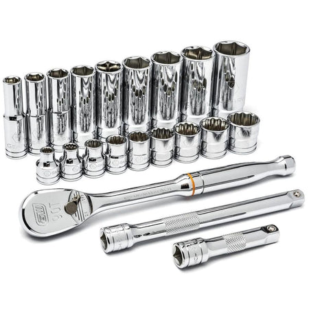 Comprehensive GearWrench socket set with deep and standard sockets, ratchet handle marked "90T," and chrome finish