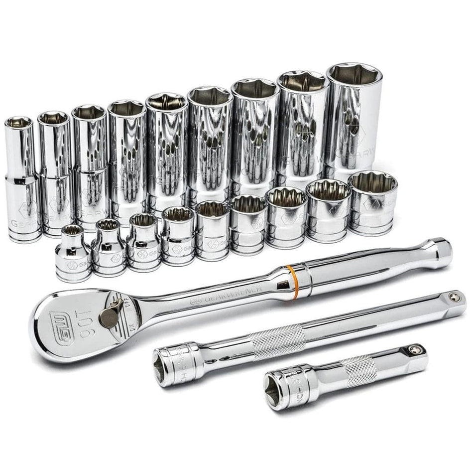 Comprehensive GearWrench socket set with deep and standard sockets, ratchet handle marked "90T," and chrome finish