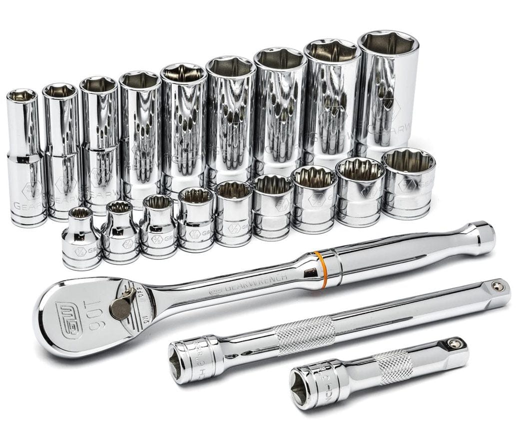 Comprehensive GearWrench socket set with deep and standard sockets, ratchet handle marked "90T," and chrome finish