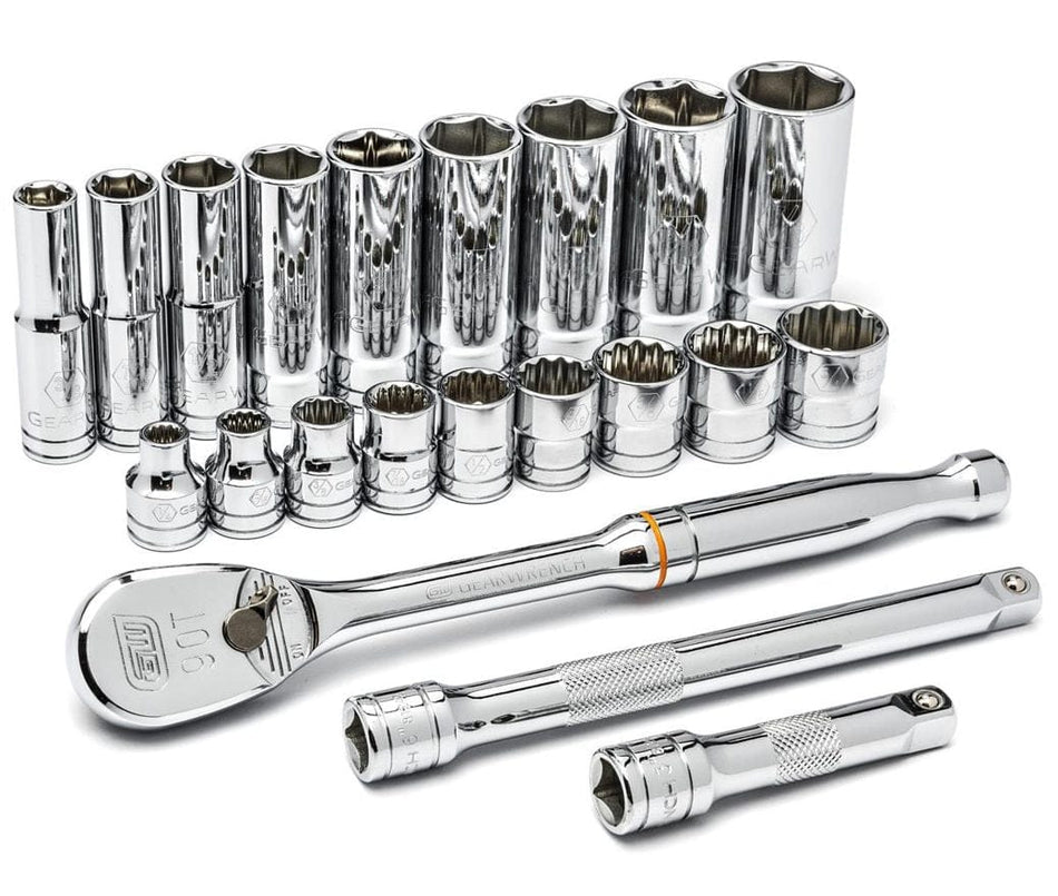 Comprehensive GearWrench socket set with deep and standard sockets, ratchet handle marked "90T," and chrome finish
