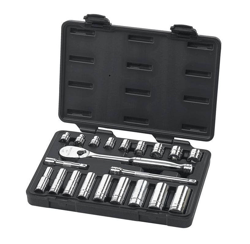 Socket wrench set organized in black plastic case with ratchet, extension bar, and chrome sockets in designated slots.