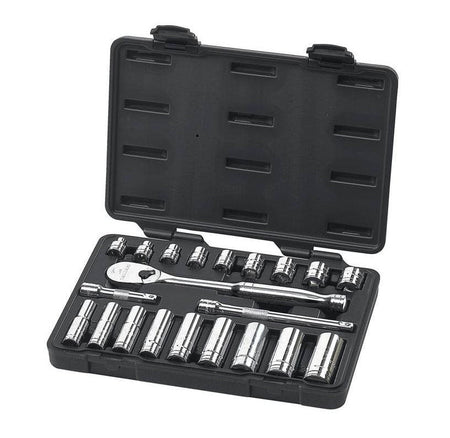Socket wrench set organized in black plastic case with ratchet, extension bar, and chrome sockets in designated slots.