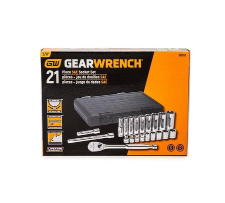 Boxed GearWrench 21 Piece SAE Socket Set with ratchet, sockets, and case; features listed include 84-tooth ratchet and lifetime warranty.