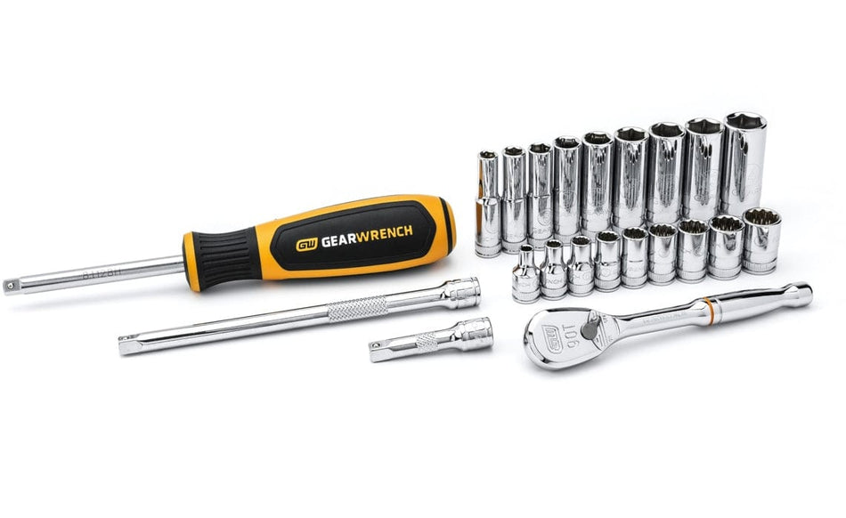 Comprehensive GEARWRENCH socket wrench set including ratchet, screwdriver handle, sockets, extensions, and adapters arranged in rows.
