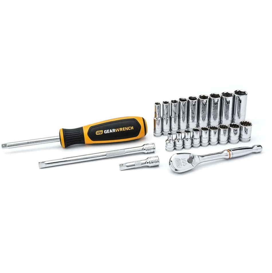 Comprehensive GEARWRENCH socket wrench set including ratchet, screwdriver handle, sockets, extensions, and adapters arranged in rows.