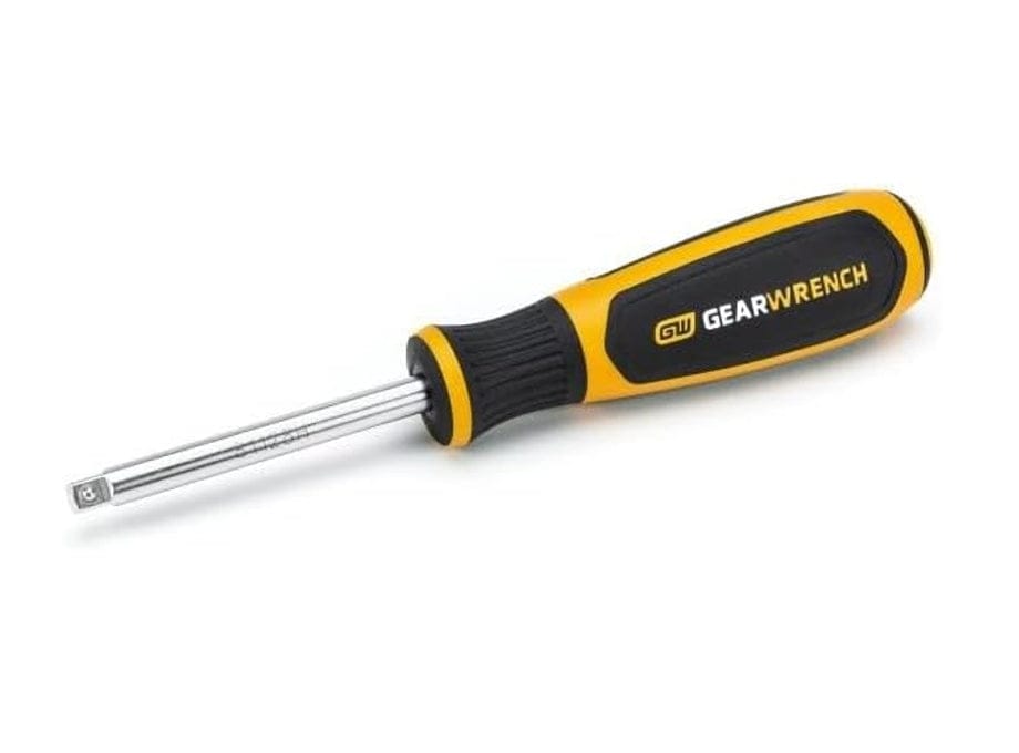 Square drive screwdriver with black and yellow ergonomic handle and GEARWRENCH branding, designed for square recess fasteners.