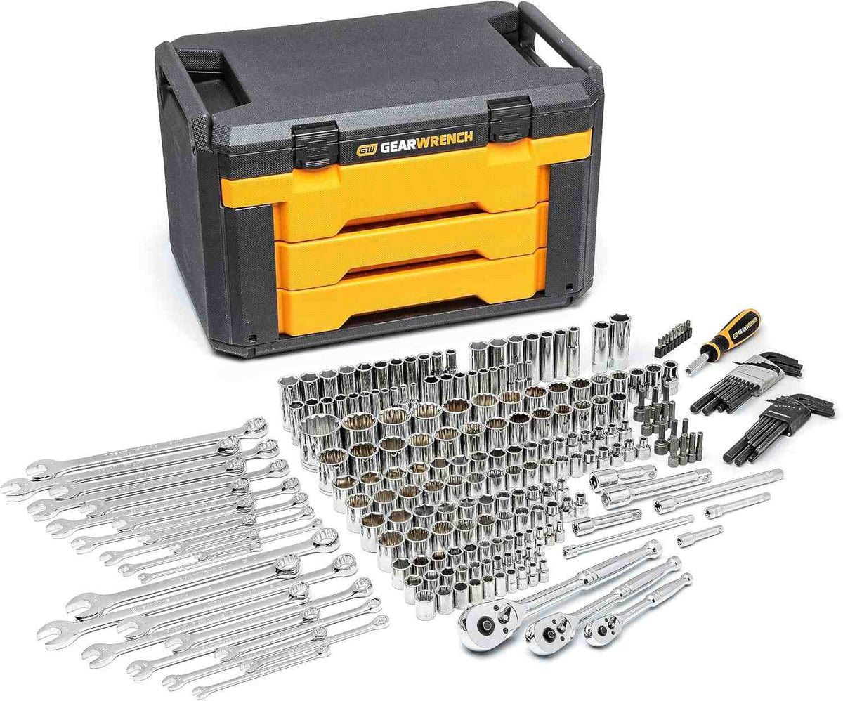 A studio shot of the entire 239-piece GEARWRENCH mechanics tool set laid out in front of its closed 3-drawer storage box.