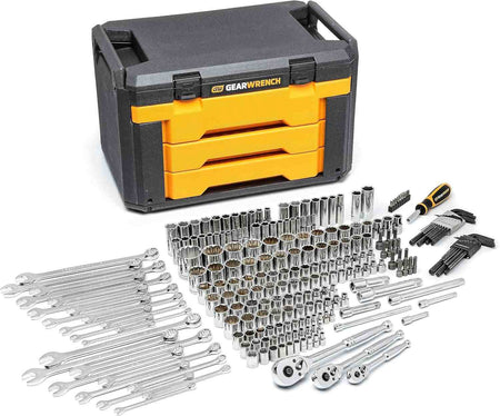 A studio shot of the entire 239-piece GEARWRENCH mechanics tool set laid out in front of its closed 3-drawer storage box.