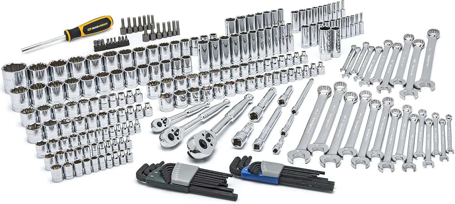 A studio shot of the entire 239-piece GEARWRENCH mechanics tool set laid out, showing all sockets, wrenches, ratchets, bits, and hex keys.