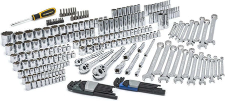 A studio shot of the entire 239-piece GEARWRENCH mechanics tool set laid out, showing all sockets, wrenches, ratchets, bits, and hex keys.
