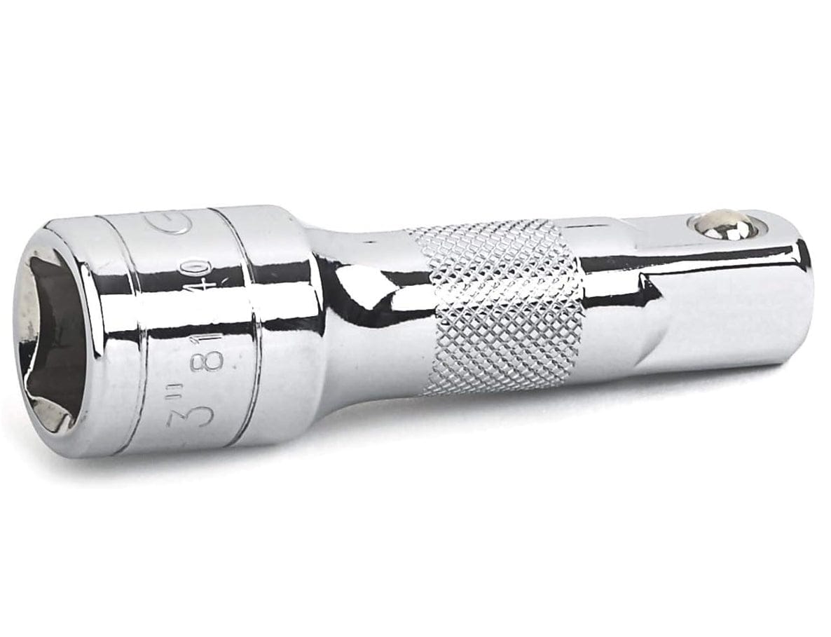 A close-up studio shot of a 3/8-inch drive chrome socket extension with a knurled grip.