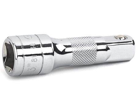 A close-up studio shot of a 3/8-inch drive chrome socket extension with a knurled grip.